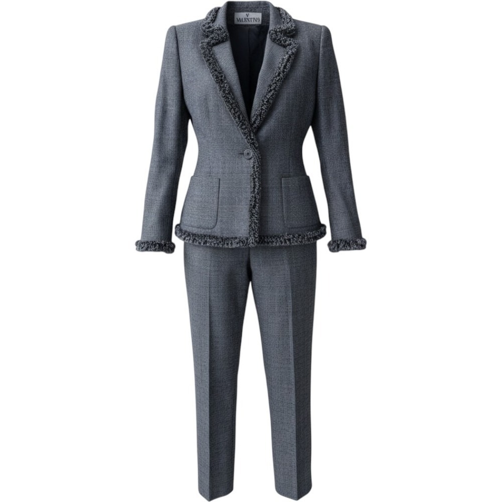 VINTAGE Valentino Boutique Glen Plaid Fringe Trim Pantsuit Blazer Pants Size 10
